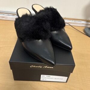 Charly Amar Lana Black Leather Fur Trim Pointed Toe Mules Stiletto Heels Size 9